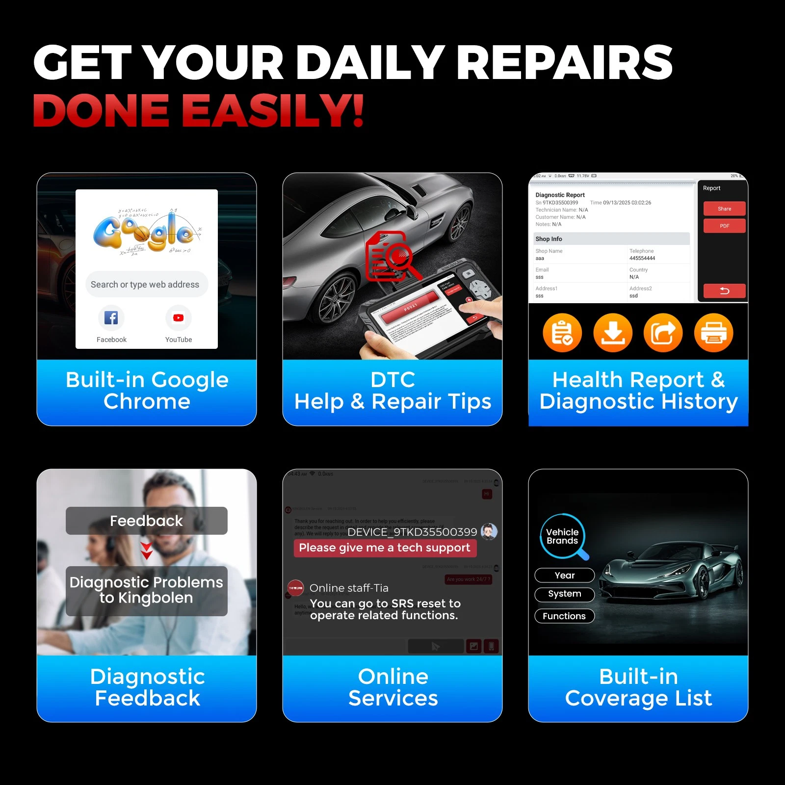 KINGBOLEN S608 features built-in Google Chrome, DTC help, diagnostic feedback, and online services for easy daily repairs.