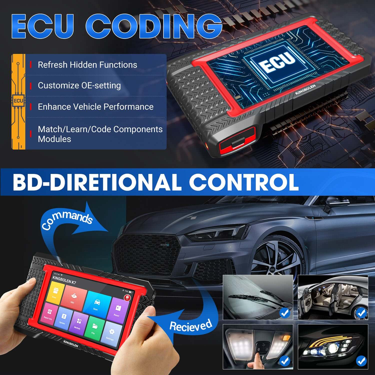 KINGBOLEN® K7 All Systems Bidirectional Test Bluetooth OBD2 Scanner with Lifetime Free Update