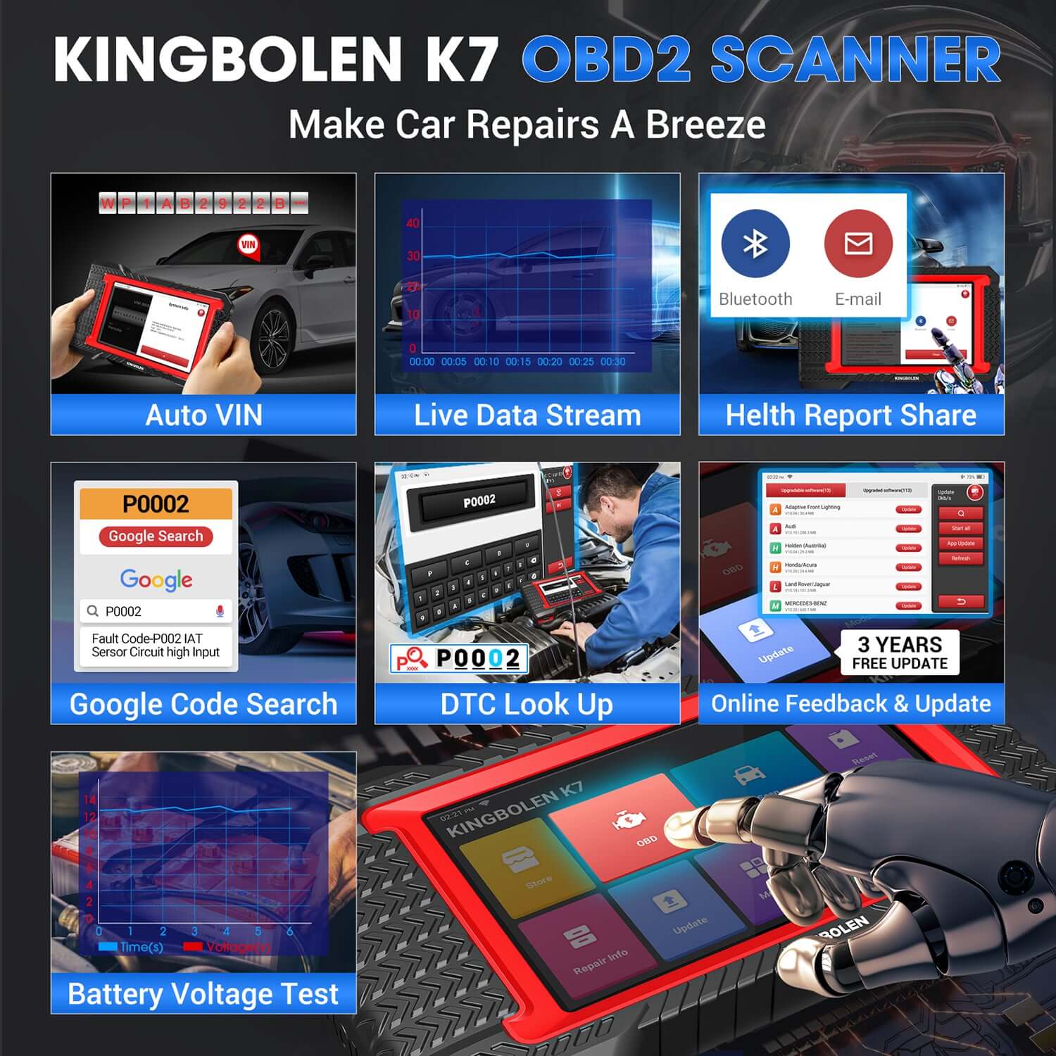 KINGBOLEN® K7 All Systems Bidirectional Test Bluetooth OBD2 Scanner with Lifetime Free Update