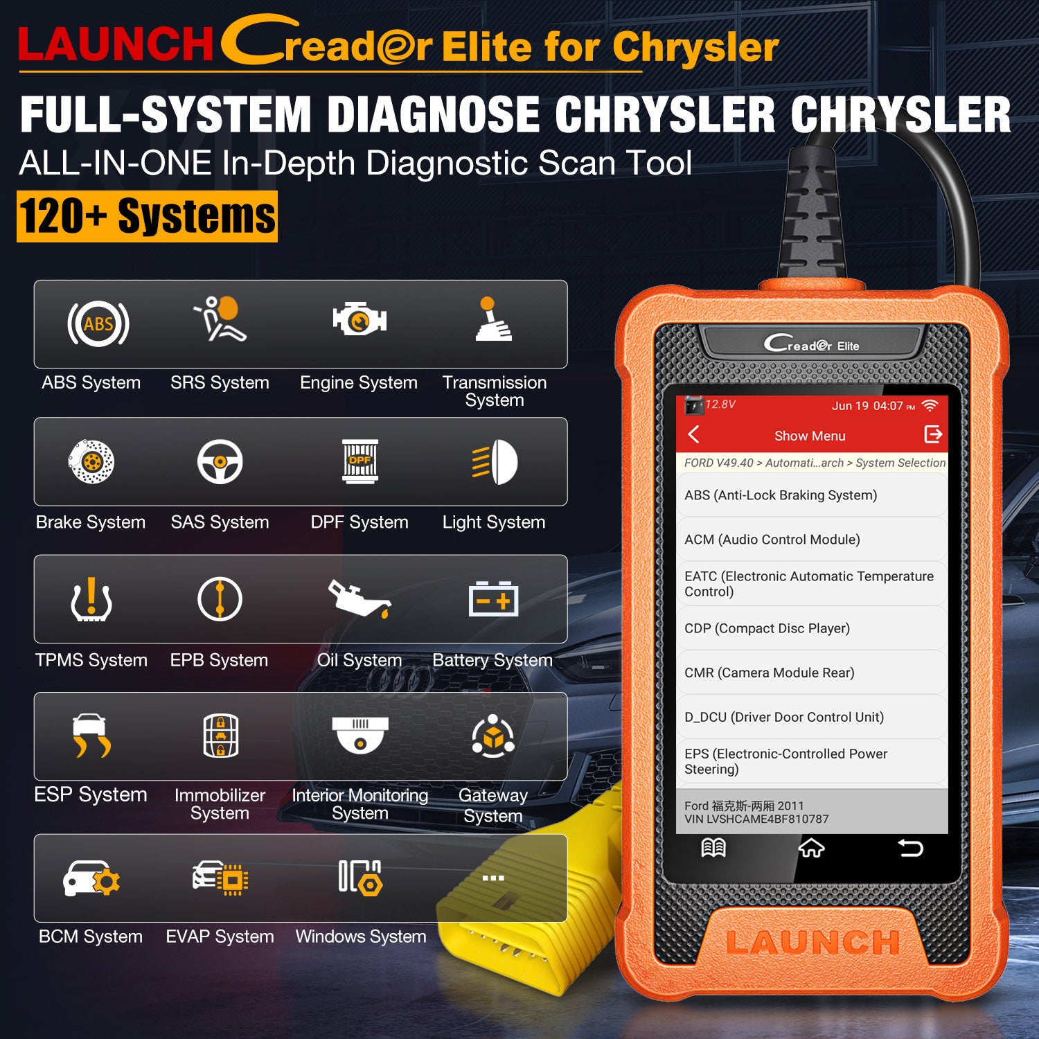 LAUNCH X431 Creader Elite for Chrysler Bidirectional Diagnostic Tool OBD2 Scanner ABS SRS DPF Oil Reset Code Reader(Support Chrysler, Dodge, Jeep)