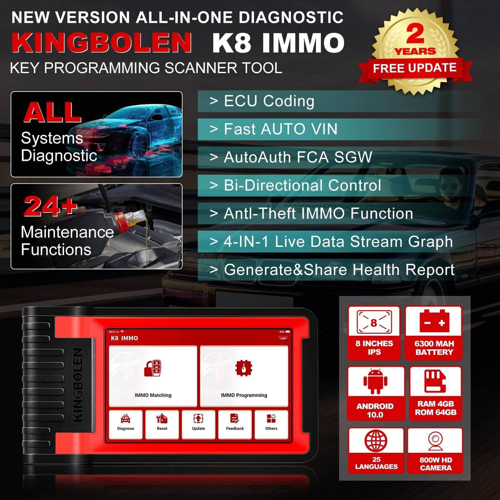 KINGBOLEN K8 IMMO All System Diagnostic Key Programming Tools 24 Reset ECU Coding Anti-Theft OBD2 Scanner 2 Years Free Update
