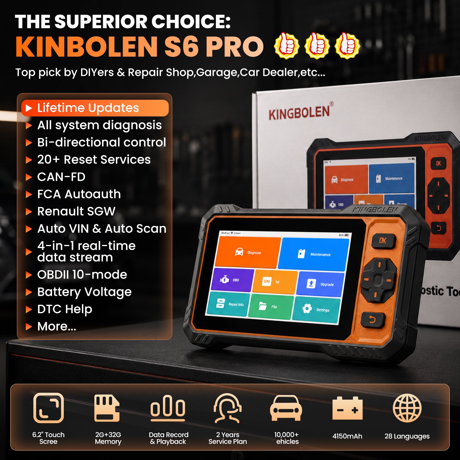 KINGBOLEN S6 Pro Bi-directional Scan Tool with 20 Resets | Lifetime Free Update