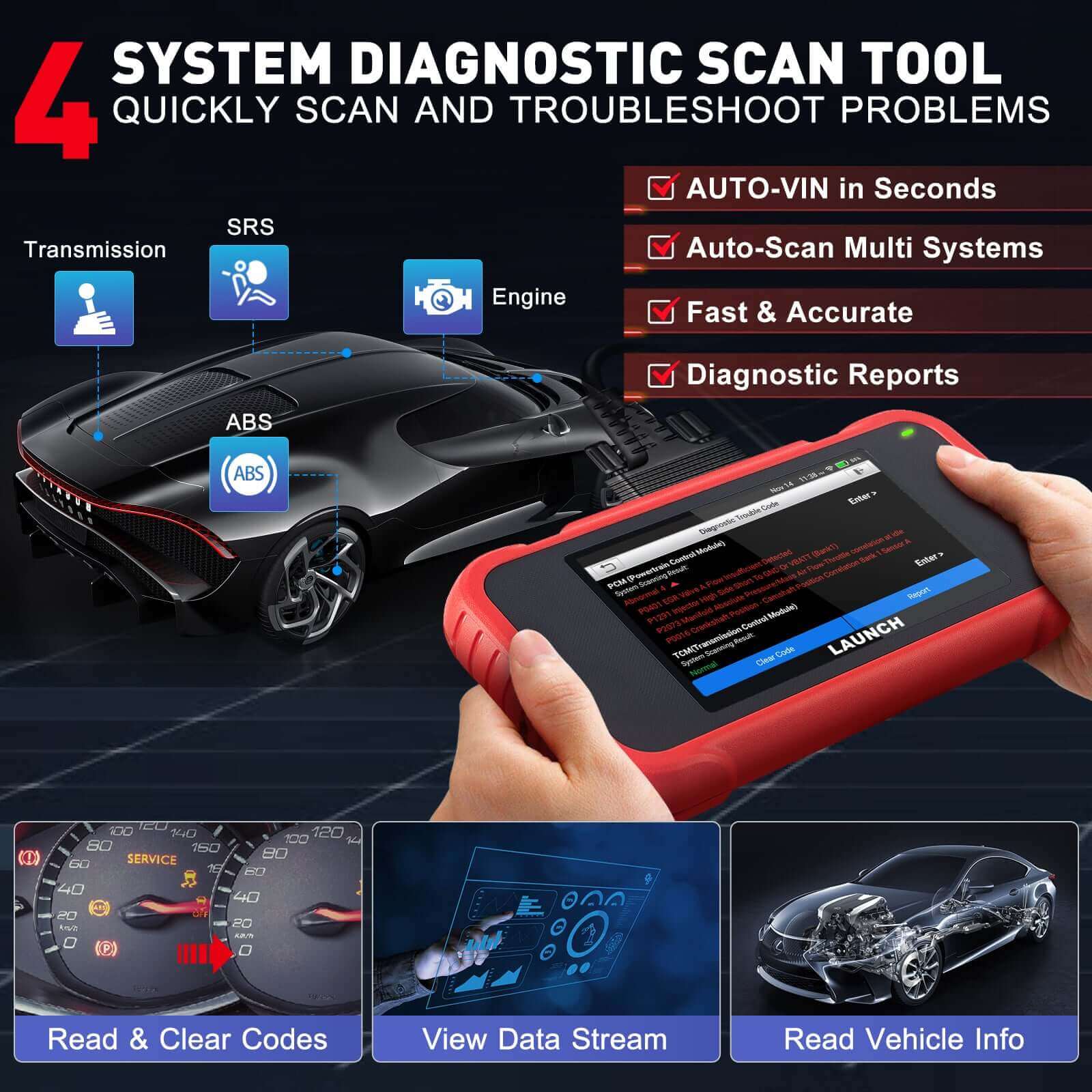 LAUNCH X431 CRP123E V2.0 OBD2 Scanner Car Diagnostic Tools ABS SRS Engine AT 4 System Scanner + 7 Reset Free Update