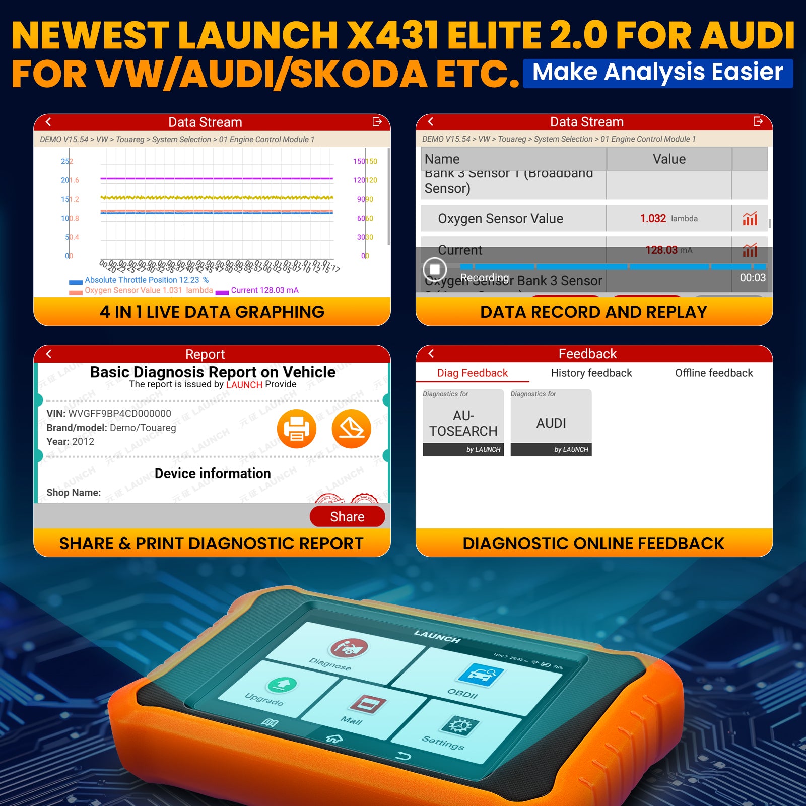 Launch X431 Creader Elite 2.0 For AUDI OBD2 Scanner Diagnostic Tool SRS DPF Oil Reset