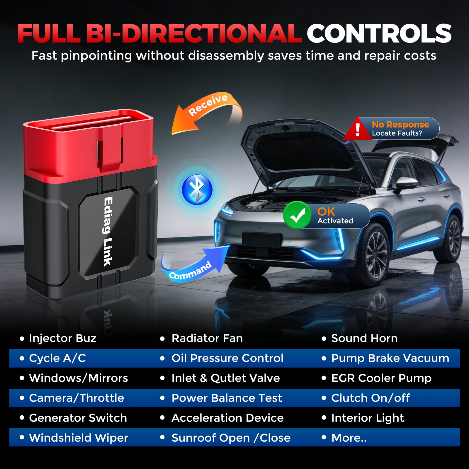 KINGBOLEN Ediag Link diagnostic tool showcasing bi-directional car diagnostic tool features for vehicle control.