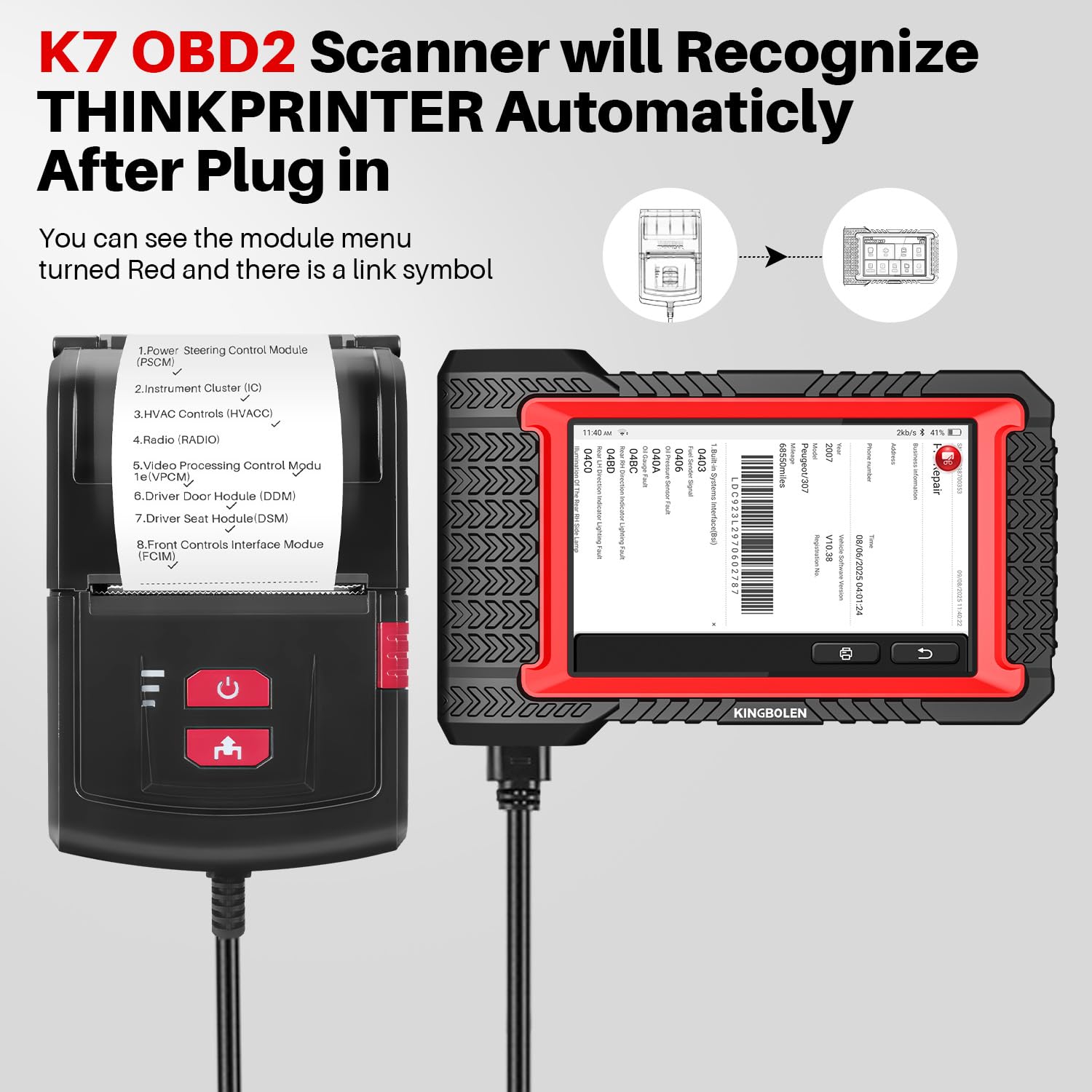 Thinkcar USB Printer for Thinktool & Kingbolen Tablet OBD2 Scanner – Plug and Play Diagnostic Report Printer with 1 Roll of Paper