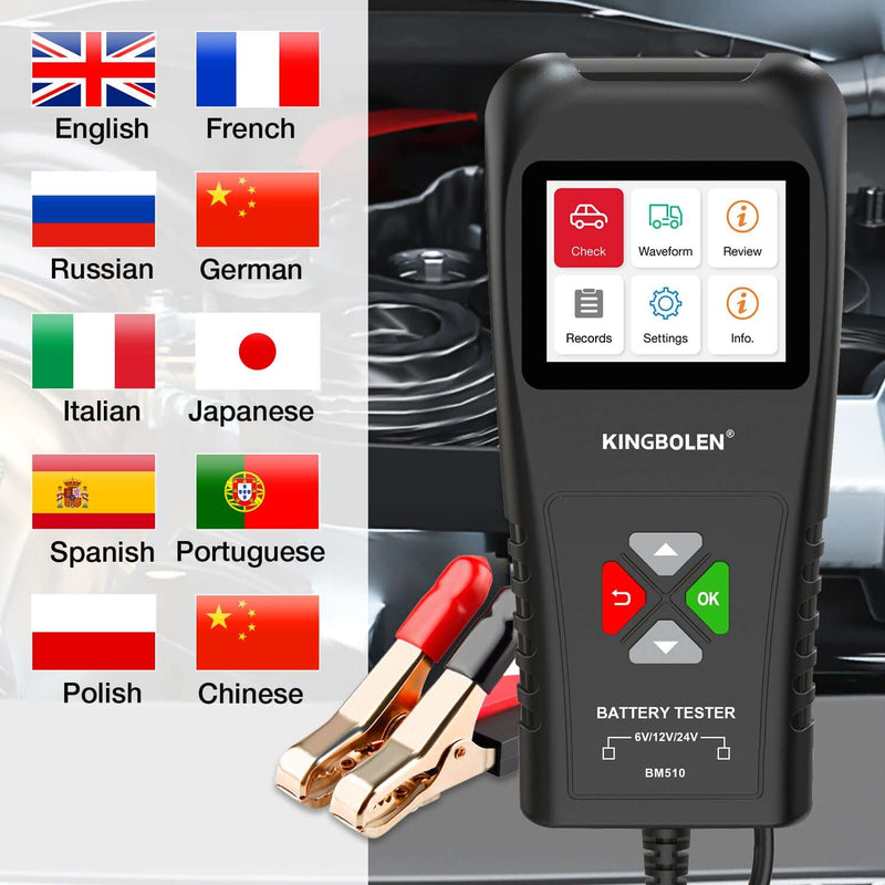 KINGBOLEN BM510 6V 12V 24V Battery Tester Supports 10 Languages