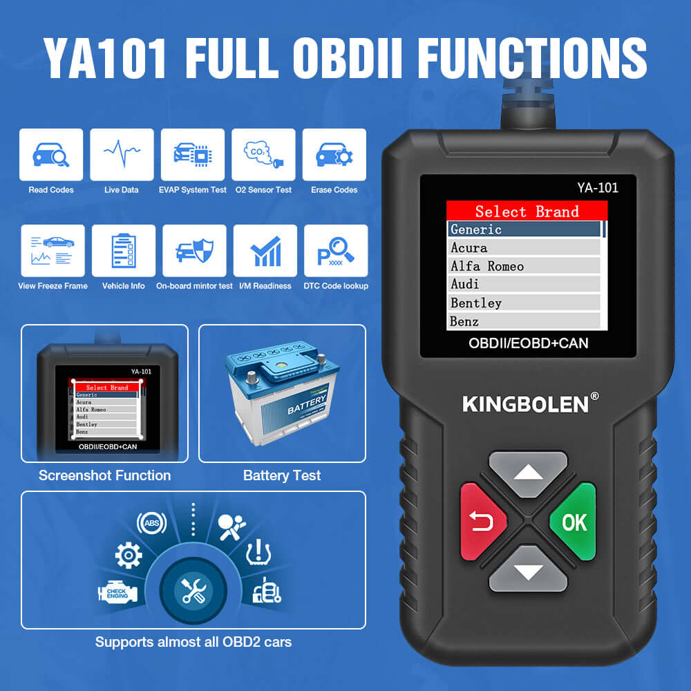 KINGBOLEN YA101 OBD2 Scanner Car Code Reader for Check Engine,supports full OBD2 functions