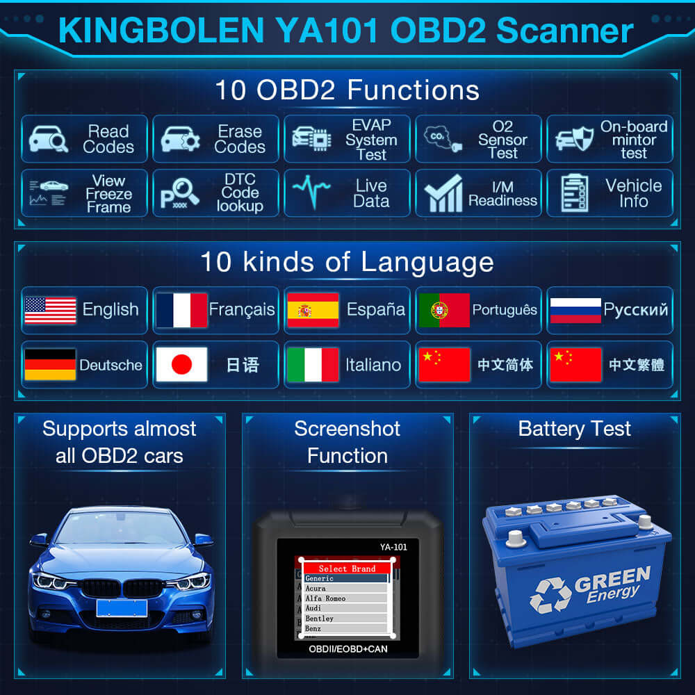 KINGBOLEN YA101 OBD2 Scanner Car Code Reader for Check Engine,supports 10 languages