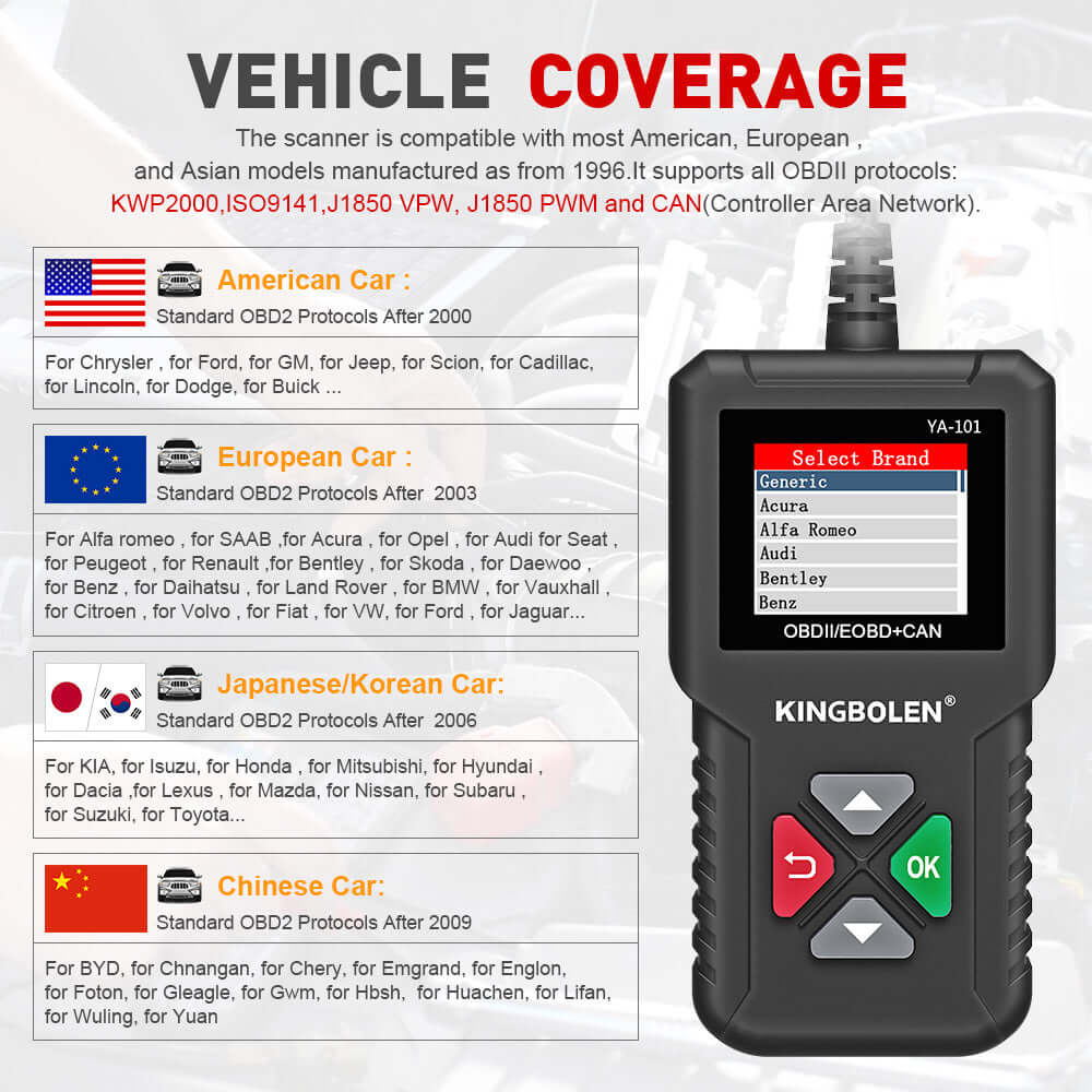 KINGBOLEN YA101 OBD2 Scanner Car Code Reader for Check Engine,more vehicle coverage