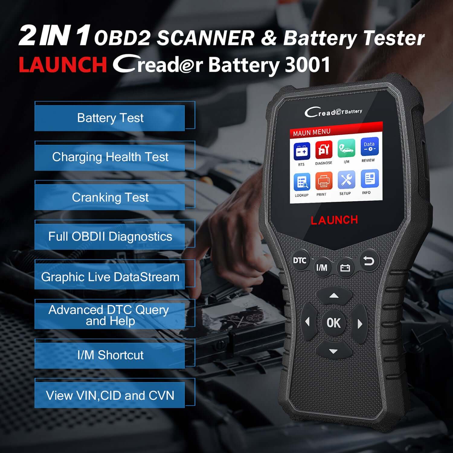 LAUNCH CRB3001 OBD2 Scanner and 12V Battery Tester
