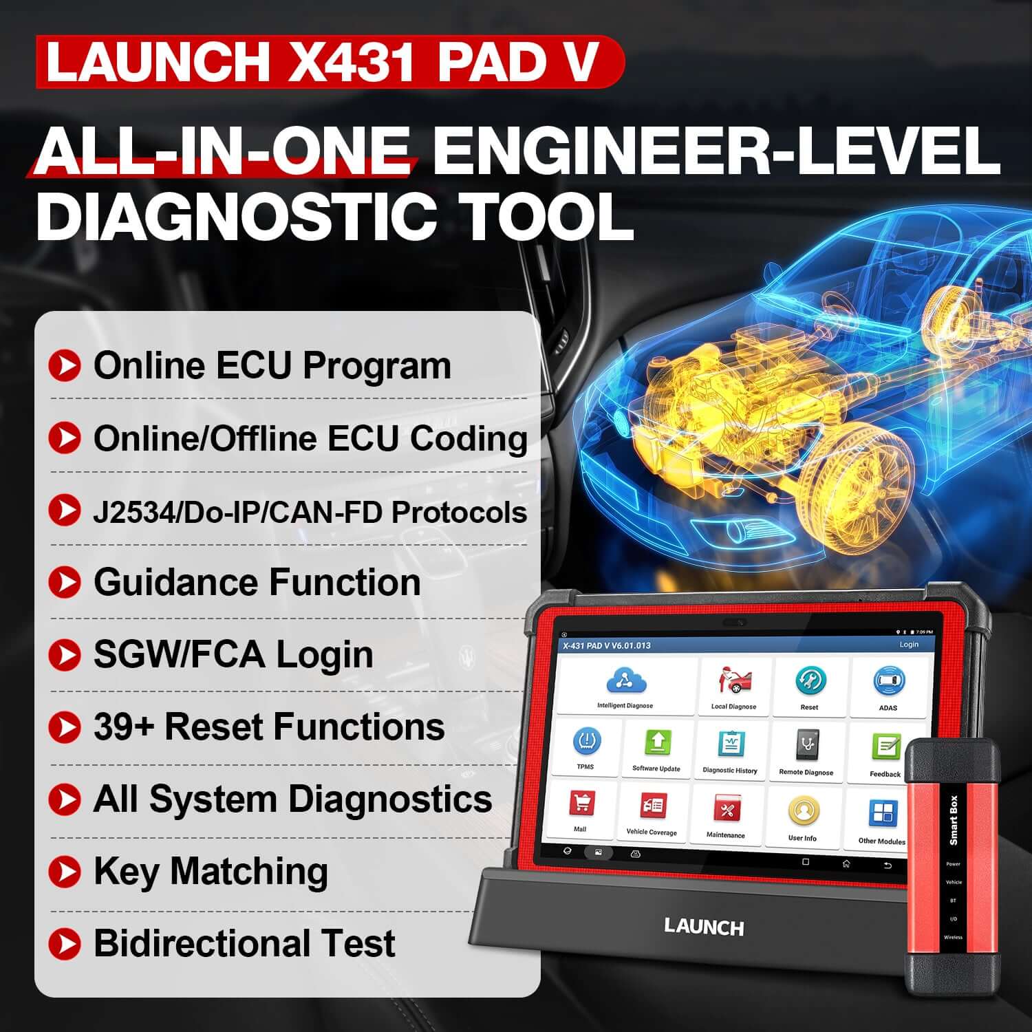 LAUNCH X431 PAD V Elite ECU Online Programming & Coding Scan Tool,Topology  Map,Full System Diagnostic Scanner,Full Bi-Directional Control & 60+ Reset
